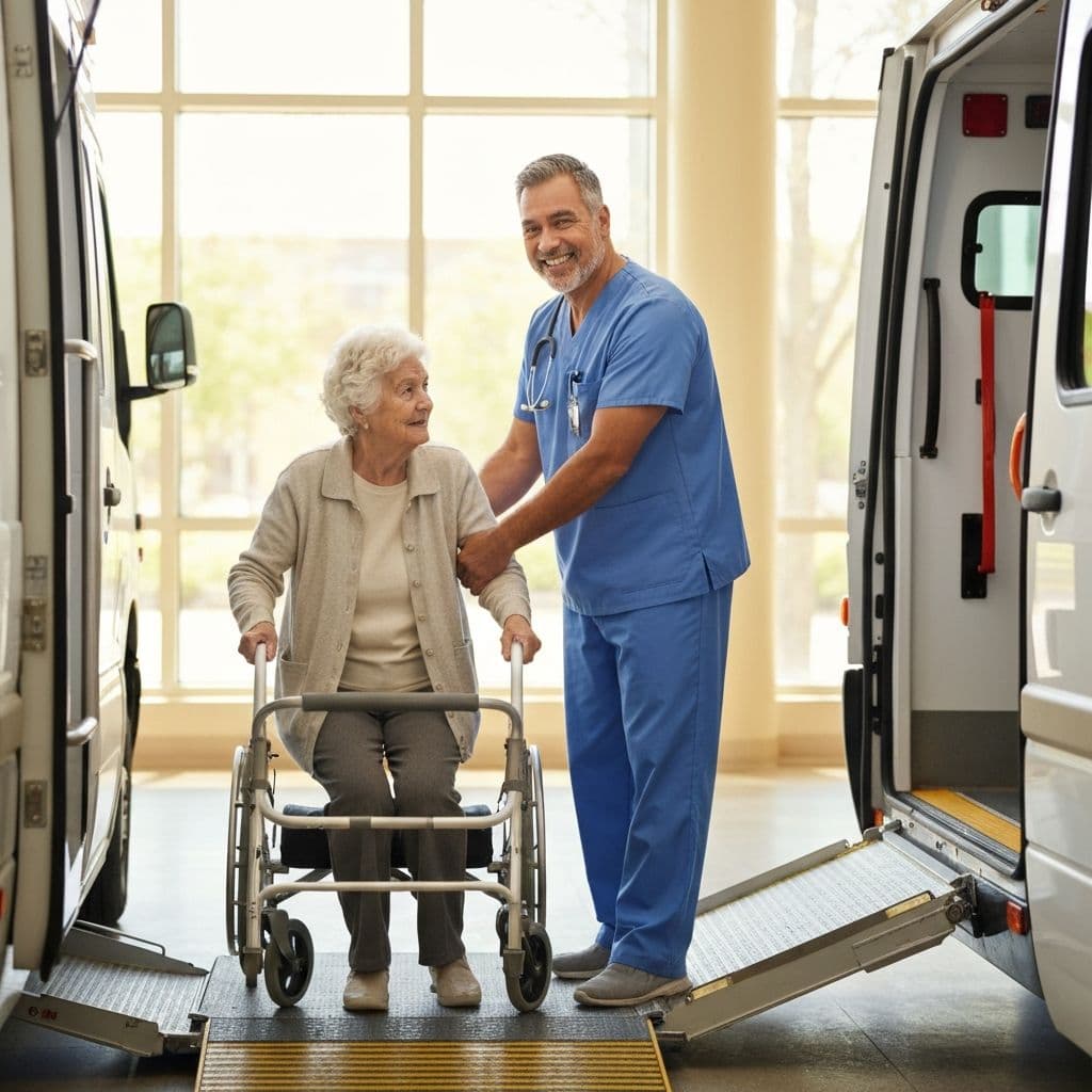 Caregiver helping an elderly passenger board a non-emergency medical transport vehicle
